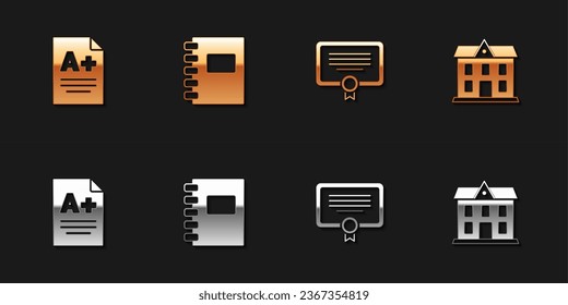 Set Exam sheet with A plus grade, Spiral notebook, Certificate template and School building icon. Vector