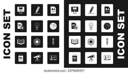 Set Exam sheet with A plus grade, Light bulb idea, Online class, Basketball ball, Pencil eraser, Marker pen and Open book icon. Vector