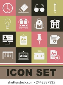Set Exam sheet with A plus grade, and pencil, School building, Glasses, Bus, Light bulb idea, Clock and backpack icon. Vector