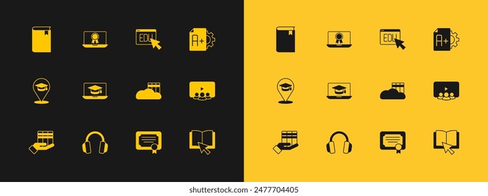 Set Exam sheet with A plus grade, Headphones, Cloud or online library, Certificate template, Graduation cap laptop, Online education, Book and diploma icon. Vector