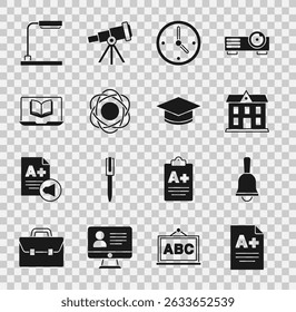Set Exam sheet with A plus grade, Ringing bell, School building, Clock, Atom, Online class, Table lamp and Graduation cap icon. Vector