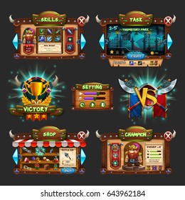 Set of example of wooden board user interface of game. Window of level choice, shop, skills, choice character, setting and victory. Vector illustration.