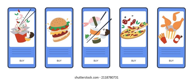 A set of examples of phone screens with various types of fast food for delivery from the application. Kitchens of the world. Vector illustration.