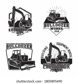 Set of Excavation work emblems design, emblems of bulldozer or building machine rental organisation print stamps, constructing equipment, Heavy bulldozer machine typographyv emblems, Vector