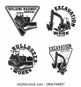 Set of Excavation work emblems design, emblems of bulldozer or building machine rental organisation print stamps, constructing equipment, Heavy bulldozer machine typographyv emblems, Vector