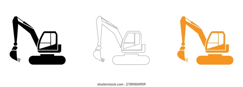 A set of excavator icons in black, line art, and orange, ideal for construction, industrial, or engineering themes.