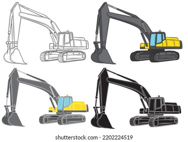 Aufsatz eines Baggers mit einem erhöhten Eimer einzeln auf weißem Hintergrund.Baumaschinen. Vektorgrafik.