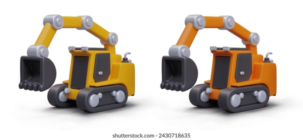 Set of excavators of different colors. Heavy construction equipment