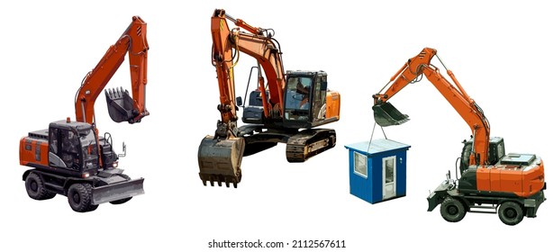 Set of excavators isolated on a white background. Wheeled and crawler excavators at work. Vector illustration.