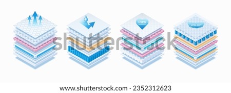 Set of excellent breathability layered materials, realistic orthopedic mattress. Baby diapers, napkin, sanitary pad. 3D antibacterial disposable textiles. Soft filler, comfort synthetic fiber.