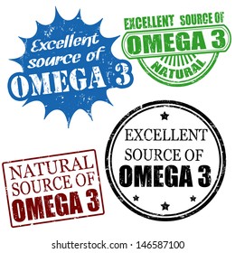 Set of excellent source of omega3 grunge rubber stamps, vector illustration