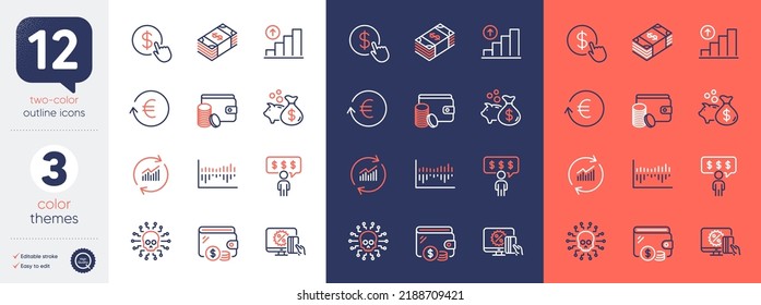 Set of Exchange currency, Column diagram and Online shopping line icons. Include Buy currency, Wallet, Loan icons. Cyber attack, Update data, Graph chart web elements. Employee benefits. Vector