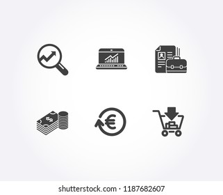 Set of Exchange currency, Online statistics and Savings icons. Vacancy, Analytics and Shopping signs. Reshresh exchange rate, Computer data, Finance currency. Hiring job, Audit analysis, Add to cart
