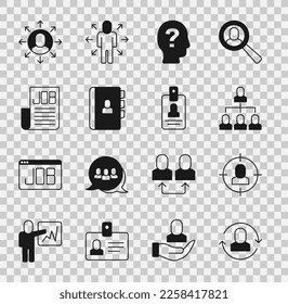 Establezca el trabajo de Exchange, la búsqueda de cabezales, la jerarquía de empleados, Trabajador, Reanudar, Trabajo de búsqueda, Trabajo de multitareas de administrador e icono de identificación. Vector