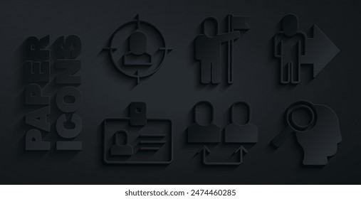 Set Exchange work, Leader of team of executives, Identification badge, Magnifying glass for search job, Man holding flag and Head hunting icon. Vector
