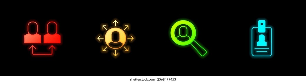 Set Exchange work, Multitasking manager working, Magnifying glass for search job and Identification badge icon. Vector