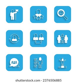 Set Exchange work, Resume, Productive human, Project team base, Magnifying glass for search job and Man holding flag icon. Vector