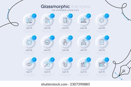 Set of Excise duty, Seo gear and Clipboard line icons for web app. Delivery man, Star rating, Online chemistry icons. Cyber attack, Magic wand, Car charging signs. Fireworks explosion. Vector