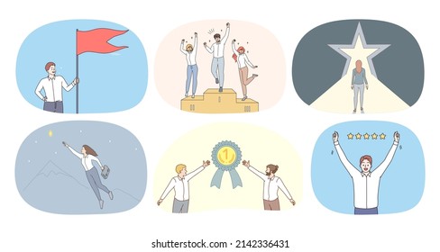 Set of excited businesspeople celebrate business success or promotion. Collection of employees or colleagues with awards strive for goal or aim achievement. Vector illustration. 