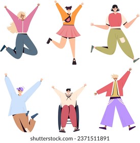 Set of excited jumping people, happy, flat, vector,simple