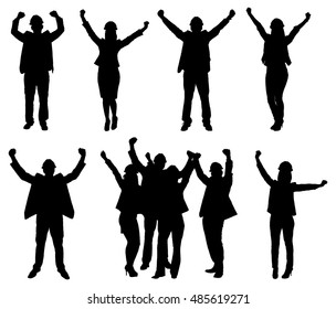 Set Of Excited People Silhouettes. Vector Image