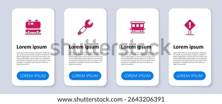 Set Exclamation mark in square, Passenger train cars, Wrench spanner and Oil railway cistern. Business infographic template. Vector