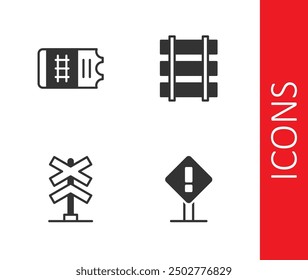 Set Exclamation mark in square, Train ticket, Railroad crossing and Railway, railroad track icon. Vector