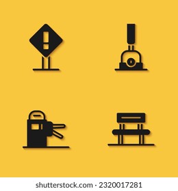 Set Exclamation mark in square, Waiting hall, Turnstile and Arrow for switching the railway icon with long shadow. Vector