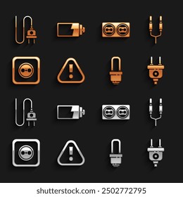 Set Exclamation mark in triangle, Audio jack, Electric plug, LED light bulb, Electrical outlet,  and Battery charge level indicator icon. Vector