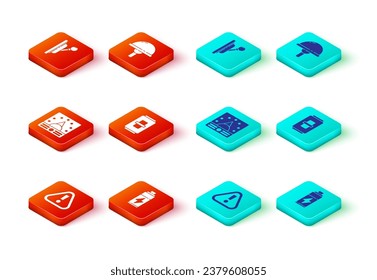 Set Exclamation mark in triangle, Battery, Ampere meter, multimeter, voltmeter, Electric light switch, Light emitting diode and Electrical panel icon. Vector