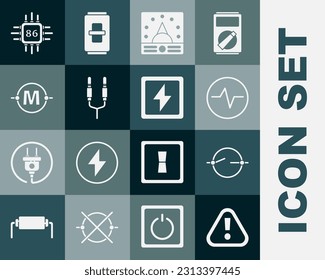 Das Ausrufezeichen im Dreieck, Stromkreis-Schema, Ampere-Zähler, Multimeter, Voltmeter, Audio-Buchse, Prozessor mit Mikroschaltungen, CPU und Blitzbolzen-Symbol. Vektorgrafik