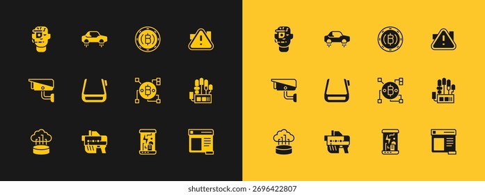 Establecer signo de exclamación en triángulo, arma futurista, tecnología Blockchain, Bitcoin cápsulas criogénicas, gafas inteligentes, criptomoneda e icono de coche volador fantástico. Vector