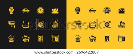 Set Exclamation mark in triangle, Futuristic weapon, Blockchain technology Bitcoin, Cryogenic capsules, Smart glasses spectacles, Cryptocurrency,  and Fantastic flying car icon. Vector