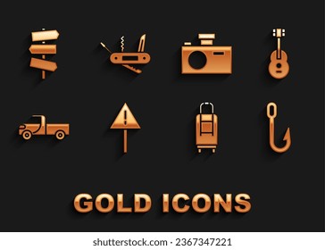 Set Exclamation mark in triangle, Guitar, Fishing hook, Suitcase, Pickup truck, Photo camera, Road traffic signpost and Swiss army knife icon. Vector