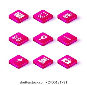 Set Exclamation mark in triangle, Hiking backpack, Walkie talkie, Location, First aid kit, Camping knife, City map navigation and Open matchbox and matches icon. Vector