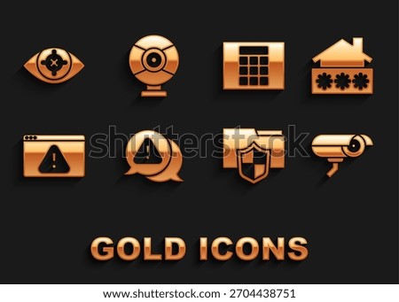 Set Exclamation mark in triangle, House with password, Security camera, Document folder protection, Browser exclamation, Password, Eye scan and  icon. Vector