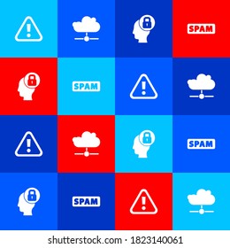 Set Exclamation mark in triangle, Network cloud connection, Human head with lock and Spam icon. Vector.