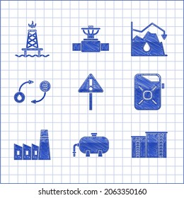 Set Ausrufezeichen im Dreieck, Öl-Industrie-Fabrik-Gebäude, Behälter für Motoröl, Austausch, Drop Rohöl Preis und Bohrinsel mit Feuersymbol. Vektorgrafik