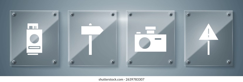 Set Exclamation mark in triangle, Photo camera, Road traffic signpost and Passport with ticket. Square glass panels. Vector