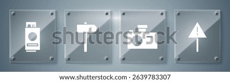 Set Exclamation mark in triangle, Photo camera, Road traffic signpost and Passport with ticket. Square glass panels. Vector
