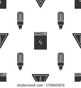 Set Exclamation mark in triangle, Power bank and LED light bulb on seamless pattern. Vector