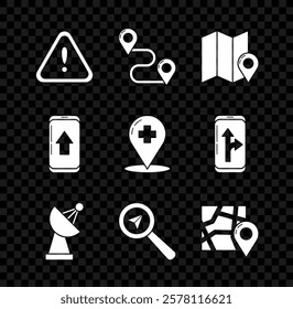 Set Exclamation mark in triangle, Route location, Folded map with marker, Radar, Search, Infographic of city navigation and Medical pointer cross hospital icon. Vector