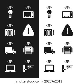 Set Exclamation Mark In Triangle, Smart Heating Radiator, Light Bulb, Microwave Oven, Truck, Printer, Security Camera And Wireless Laptop Icon. Vector