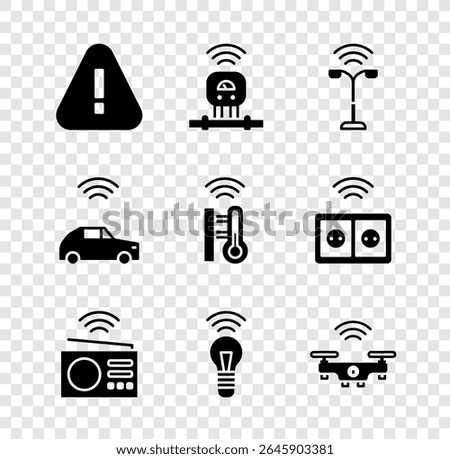 Set Exclamation mark in triangle, Smart sensor, street light, radio, bulb, drone, car system with wireless and thermometer icon. Vector