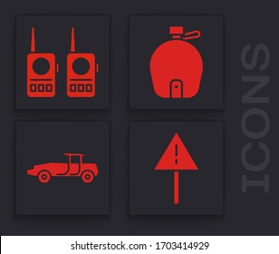 Marca de exclamación en triángulo, Walkie talkie, botella de agua Canteen e icono de Camión. Vector