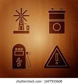 Set Exclamation mark in triangle, Wind turbine, Electric car charging station and Car battery on wooden background. Vector