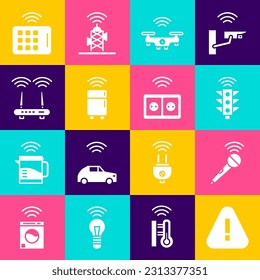 Set Exclamation mark in triangle, Wireless microphone, Smart traffic light, drone, refrigerator, Router and wi-fi signal, tablet and electrical outlet icon. Vector