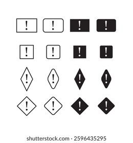Set of exclamation mark warning signs in rectangular shapes and styles. Black and white caution icons for hazard, attention, and safety alerts. Vector symbols for industrial and road warnings.