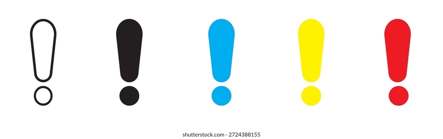 Conjunto de signos de exclamación icono. Señal de atención, advertencia, tenga cuidado, precaución, triangular, redondo, tráfico rodado, notificación, advertencia, punto. Concepto de signo. Icono de línea de Vector para negocios