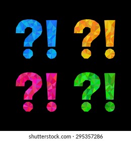 set an exclamation point and question mark on a black background polygonal